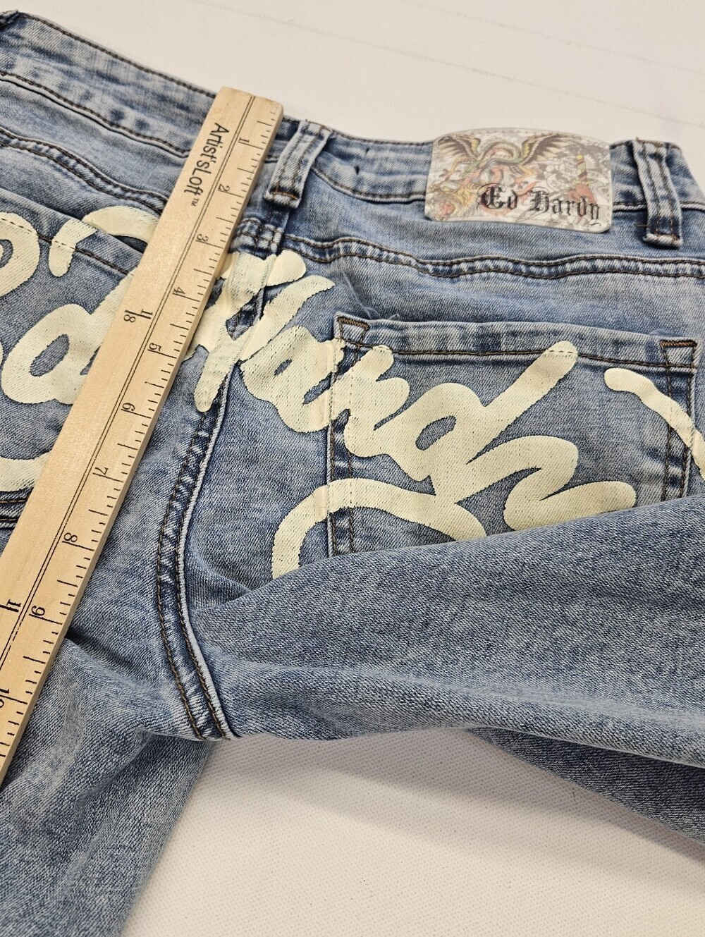 Ed Hardy Tiger Graphic Wide Leg Jeans Light Wash Blue Y2K Tattoo Size 24 - Picture 3 of 11